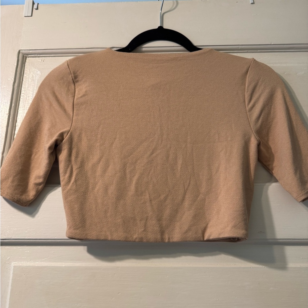 Naked Wardrobe Tan Fitted Crop Blouse with 3/4 Sleeves